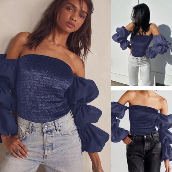 FREE PEOPLE Girls Just Wanna Smocked Velvet Puff Sleeve Bodysuit XS Blue Purple - Picture 1 of 6